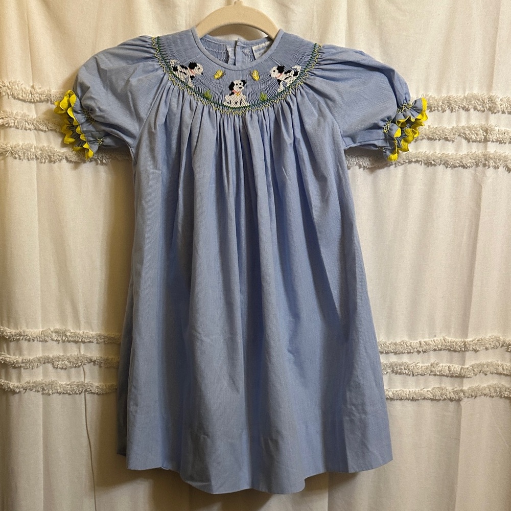 Light Blue Smocked Kids Dress with Yellow Trim size 4 Easter Dress Puppies
